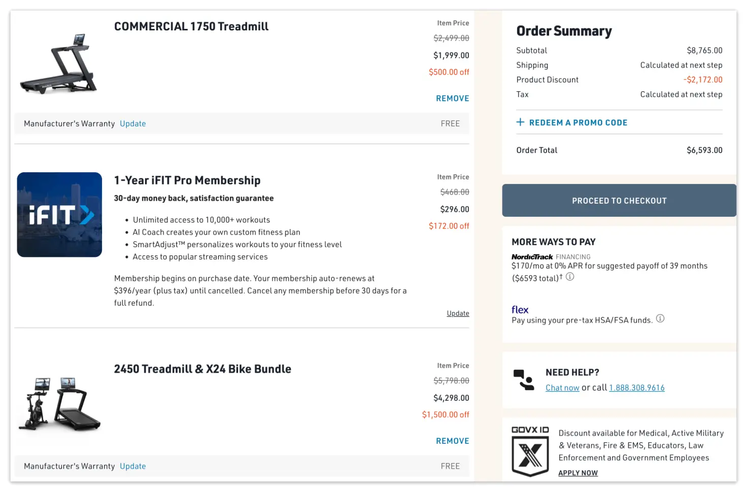 NordicTrack Commercial checkout page